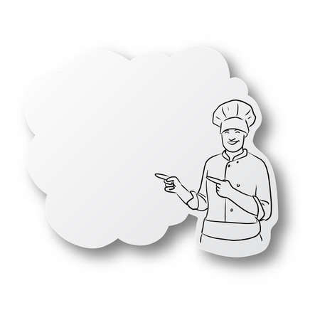 Vector black line hand drawn of male chef presenting on speech bubble shape cut paper with shadow isolated on white backgroundのイラスト素材