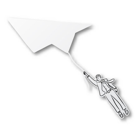 Vector illustration black line hand drawn of businessman on plane shape cut paper with shadow isolated on white background. Paper art.のイラスト素材