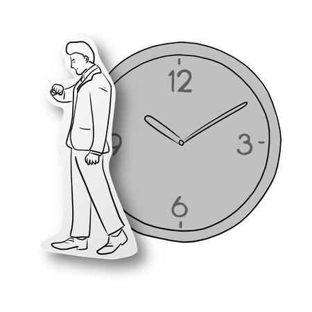 Vector illustration black line hand drawn of businessman looking at watch on cut paper with shadow and big clock isolated on white background. Paper art. Business punctuality concept.のイラスト素材