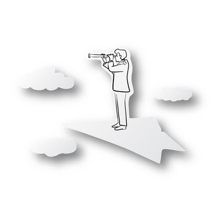 Vector illustration black line hand drawn of businessman looking through a telescope on paper plane shape cut paper with shadow isolated on white background. Paper art. Business vision concept.のイラスト素材