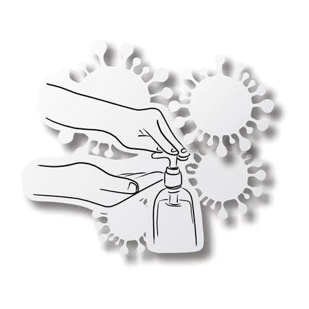 Vector black line hand drawn of hands washing with alcohol gel to prevent Covid-19 on virus shape cut paper with shadow isolated on white background. health concept. Paper art.のイラスト素材