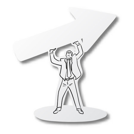 Vector illustration black line hand drawn of businessman raising arrow for success on cut paper with...