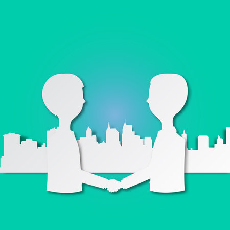 Vector businessman hand shake on cut paper with shadow isolated on green background. Paper art. Business concept.のイラスト素材