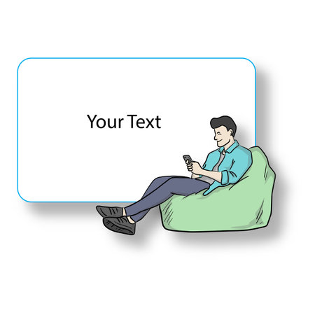 businessman using smartphone on his bean bag with copy space and shadow vector illustration hand drawn with black lines isolated on white backgroundのイラスト素材