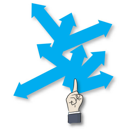 businessman hand pointing up to blue arrows with shadow vector illustration hand drawn with black lines isolated on white background. Business concept.のイラスト素材