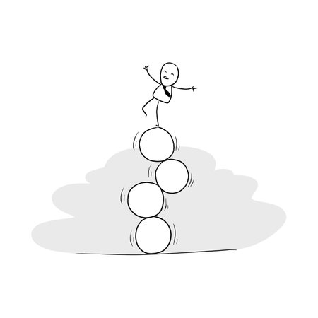 Businessman balancing on four circle balls vector illustration hand drawn with black lines isolated on white backgroundのイラスト素材