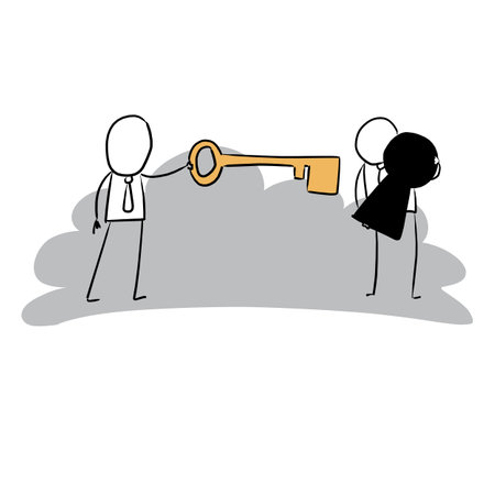 businessman taking the key to the keyhole with help of his companion vector illustration doodle hand drawn with black lines isolated on white background. Teamwork concept.のイラスト素材