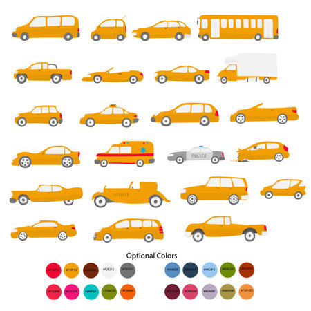 Various kinds of orange vehicle icon set with optional color codes illustration vector. Separated layers and color editable.のイラスト素材
