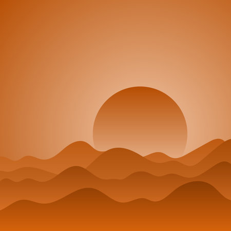 background of orange desert landscape with big sun and mountains illustration vectorのイラスト素材