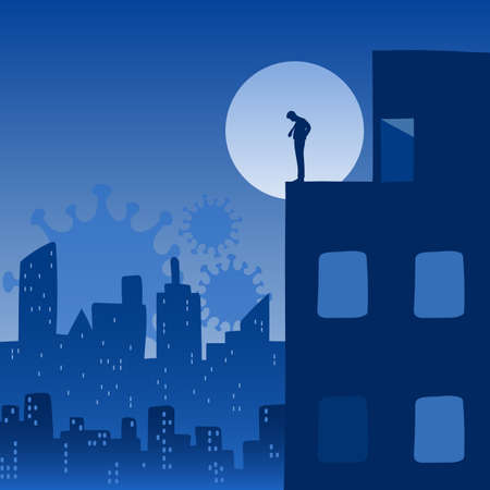 Desperate businessman on edge of high building looking sad and depressed because of Covid-19 virus illustration vector. Business despair and crisis concept.のイラスト素材