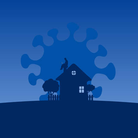 man working with laptop computer on the top roof of his house in blue shade background illustration vector.のイラスト素材