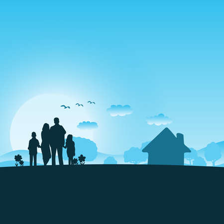 family in the blue shade background of house and nature illustration vector.のイラスト素材