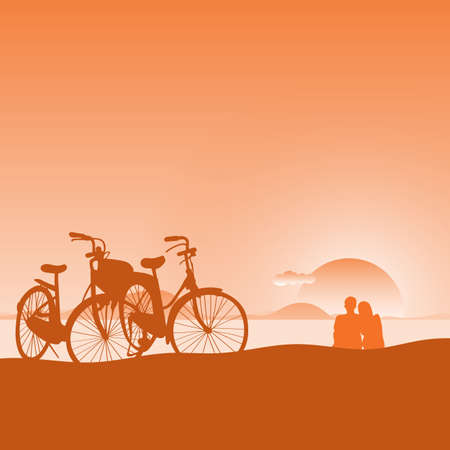 lover looking at the sunset on the beach with bicycle at foreground illustration vector.