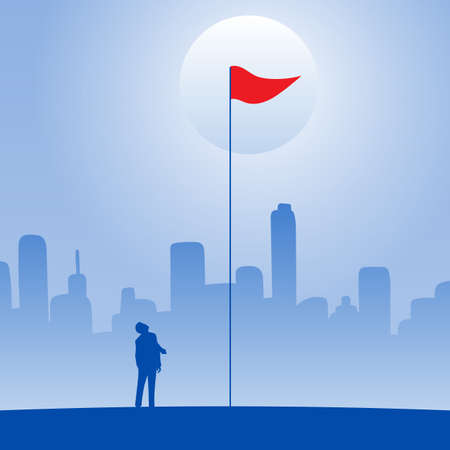 businessman looking up to red flag with long stick in blue gradient shade background vector...