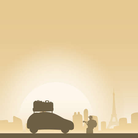 A man playing guitar with a car and luggage at Paris in cityscape yellow gradientのイラスト素材