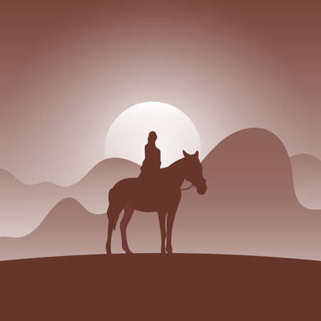 woman on horseback in brown gradient shade nature background illustration vector.のイラスト素材