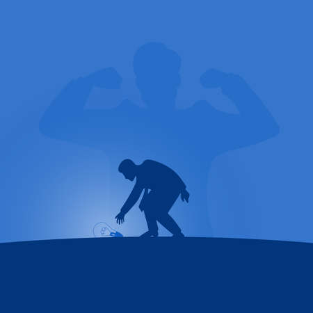 businessman puts the bulb on the ground with strong man on blue gradient shade background illustration vector. Business motivation concept.のイラスト素材