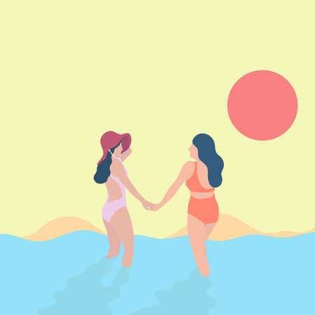 two women holding hand on the beach sunset in pastel color illustration vector. LGBT conecpt.