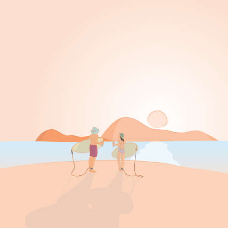 Lovers with their surfboards on the beach at sunset ihand drawn llustration vectorのイラスト素材