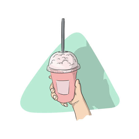 hand holding strawberry juice with whipped cream hand drawn isolated on white background illustration vectorのイラスト素材
