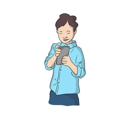 boy with blue shirt holding smartphone hand drawn isolated on white background illustration vectorのイラスト素材