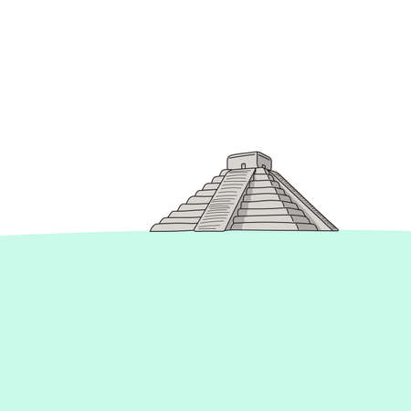 El Castillo or The Kukulkan Temple of Chichen Itza, mayan pyramid in Yucatan, Mexico vector lllustration hand drawn isolated on white background.のイラスト素材