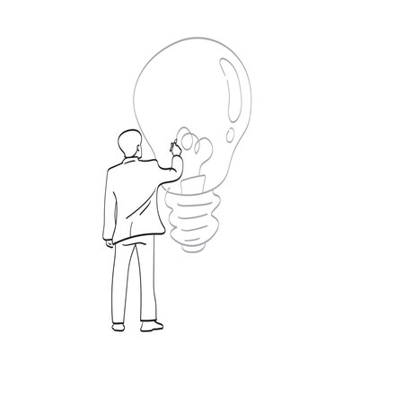 line art businessman drawing big light bulb on the wall illustration vector isolated on white backgroundのイラスト素材