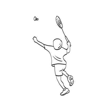 line art boy playing badminton with shuttlecock illustration vector isolated on white backgroundのイラスト素材