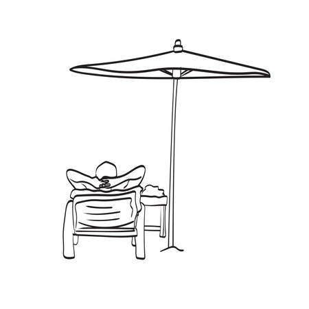 man sitting in deck chair under big umbrella at beach illustration vector isolated on white background line art.のイラスト素材