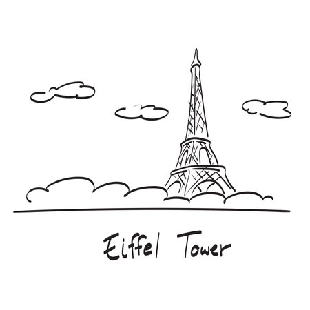 line art Eiffel tower with sky and clouds illustration vector isolated on white backgroundのイラスト素材
