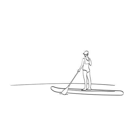 back view of woman stand up paddle board illustration vector isolated on white background line art.のイラスト素材