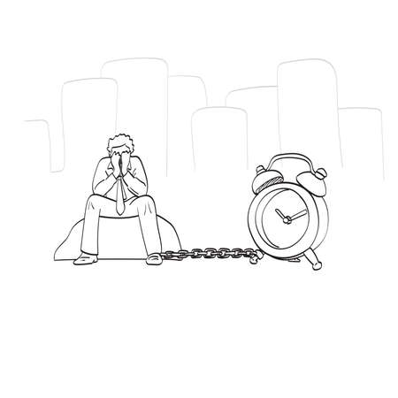 line art sad businessman chained to alarm clock illustration vector isolated on white backgroundのイラスト素材