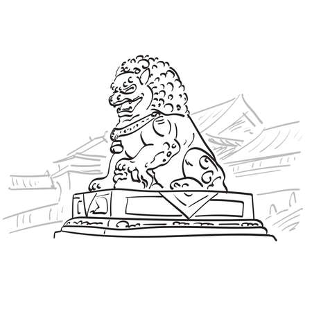Big bronze lion in forbidden city in Beijing landmark of China illustration vector hand drawn isolated on white background line art.のイラスト素材