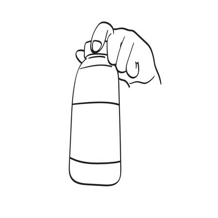line art closeup hand holding water plastic bottle with blank label illustration vector hand drawn isolated on white backgroundのイラスト素材