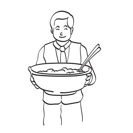 male asian waiter holding big bowl of noodles illustration vector hand drawn isolated on white background line art.のイラスト素材