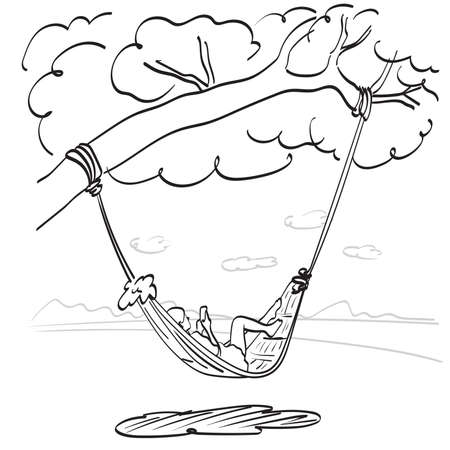 woman using smartphone under the tree on the beach on hammock illustration vector hand drawn isolated on white background line art.のイラスト素材