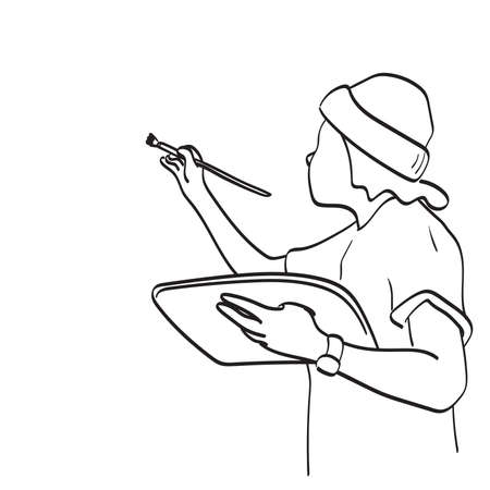 male artist painting on blank space illustration vector hand drawn isolated on white background line art.のイラスト素材