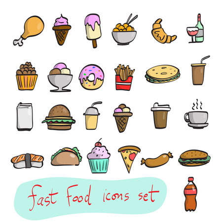 colorful icon set of unhealthy fast food illustration vector hand drawn isolated on white backgroundのイラスト素材