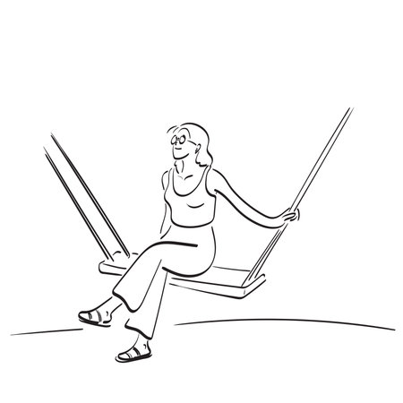 woman sitting on wooden swing illustration vector hand drawn isolated on white background line art.のイラスト素材