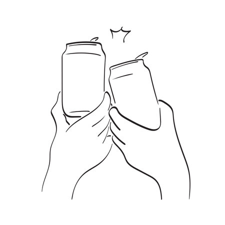Two hands clinking beer cans illustration vector hand drawn isolated on white background line art.のイラスト素材