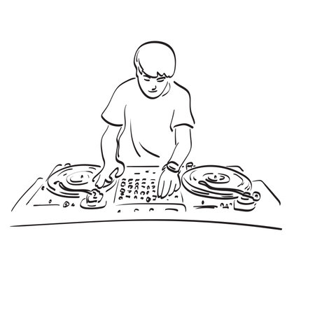 Male DJ playing turntable illustration vector hand drawn isolated on white background line art.のイラスト素材