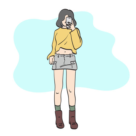 woman with miniskirt taking selfie through mirror illustration vector hand drawn isolated on white background line art.のイラスト素材