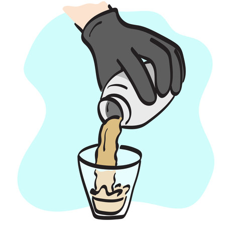 closeup hand of bartender pouring cocktail from shaker illustration vector hand drawn isolated on white background line art.のイラスト素材