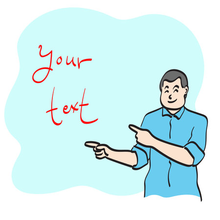 half length of smiling man pointing on copy space illustration vector hand drawn isolated on white background line art.のイラスト素材