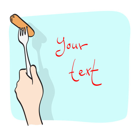 closeup hand holding fork with sausage  illustration vector hand drawn isolated on white background line art.のイラスト素材