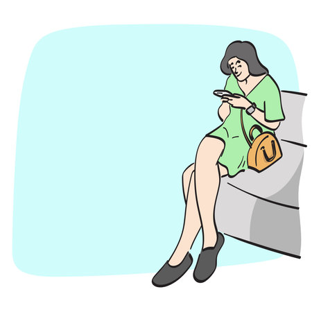 line art businesswoman using smartphone on sofa illustration vector hand drawn isolated on white backgroundのイラスト素材
