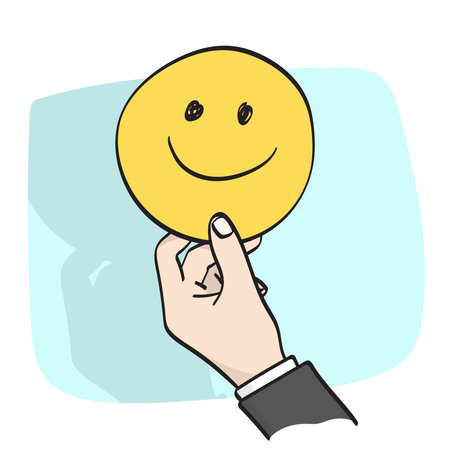closeup hand of businessman holding yellow smile emoticon illustration vector hand drawn isolated on white background line art.のイラスト素材
