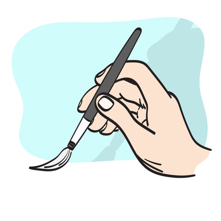 closeup hand holding paintbrush illustration vector hand drawn isolated on white background line art.のイラスト素材