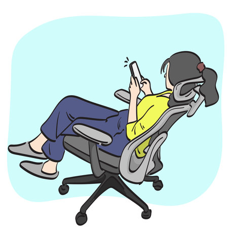 line art woman using smartphone on office chair illustration vector hand drawn isolated on white backgroundのイラスト素材