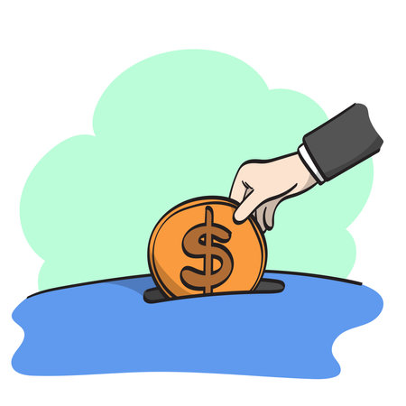 closeup hand of businessman putting coin into piggy bank hole illustration vector hand drawn isolated on white background line art.のイラスト素材